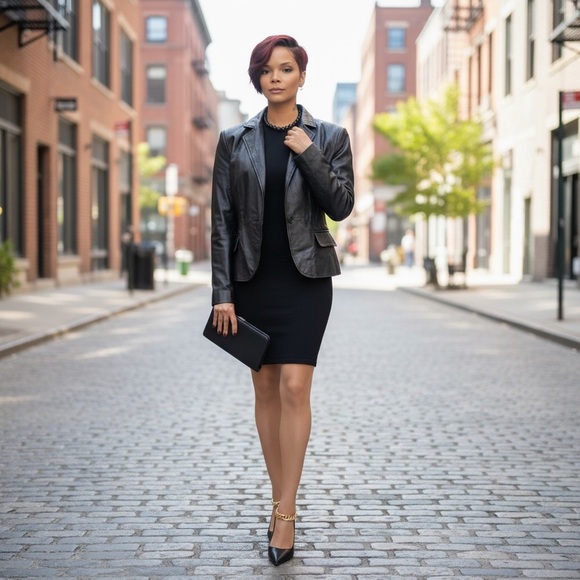 Elegant Black Leather Jacket with a Black Form Figured Dress.